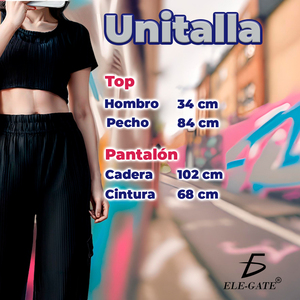 Set Casual Monocromatico con Top Corto e Pantaloni a Gamba Larga, Traspirante, Tessuto con Stampa a Motivi e Decorazioni Patchwork, Vestibilità Comoda - Product Image 4