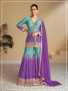 Salwar Kameez prêt-à-porter en soie chinon lourde, imprimé numérique, broderie, style pakistanais, multi-paillettes, pour femmes adultes, style indien - Product Image 2