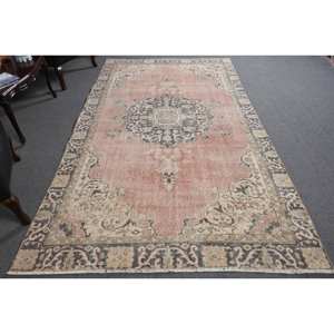 Alfombra de tejido plano de lana rosa y beige Vintage de 5,7x9,8 pies, diseño de retales turcos para decoración para sala de estar, 4m de ancho con respaldo de látex - Product Image 1