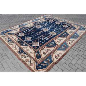 Alfombra Turca Vintage, Alfombra Extra Grande de 8.7x10.7 pies, Alfombra Ikat Azul y Roja - Product Image 2