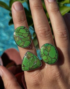 Anillo de Plata de Ley 925 con Turquesa Verde Cobre Original, Venta al por Mayor, Tendencia, Precio de Fábrica, Joyería para Mujer - Product Image 1