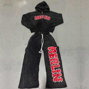 Fabricant de vêtements Rétro Sunfaded Distressed Zip Hoodie Survêtement STG imprimé Applique Broderie Sunfaded Survêtements pour hommes - Product Image 3