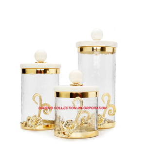 Gold Leave and Glass Fancy Canisters Set of 3 Home <b>Decorations</b> Brass and Marble Top or <b>Lids</b> - Product Image 5
