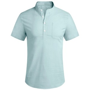 Été Hommes Casual Stand Collar Solid Color Short Sleeve Cotton Lightweight Shirt Trendy Breathable Loose Basic Pocket Tops - Product Image 1