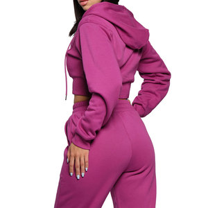 High Quality Winter Casual Women's Short Crop Hoodies <b>Set</b> 100% Cotton Fleece 2 Piece Long <b>Set</b> Reasonable Price Best Selling - Product Image 3