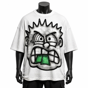เสื้อยืดโอเวอร์ไซส์สีขาวลายกราฟิกผ้าฝ้ายสตรีทแวร์ผู้ชายทรงดรอปไหล่ รับผลิตตามสั่ง ขายส่ง - Product Image 1