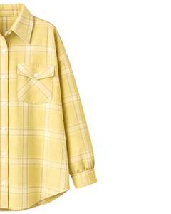 Camisa Oversize de Franela a Cuadros para Mujer, Amarilla, Manga Larga, Casual, con Bolsillos, Suave, para Otoño e Invierno, Venta al por Mayor - Product Image 2