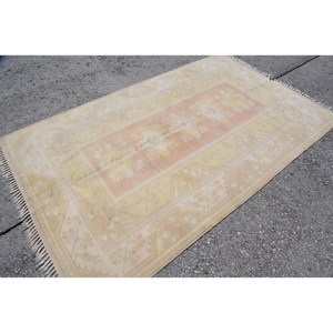 Vintage Turkish Rug Large 5.2 X 8.4 ft Patchwork Design Pink <b>Yellow</b> <b>Wool</b> Latex for Teens Rectangular Area Rugs for Hallway Use - Product Image 2