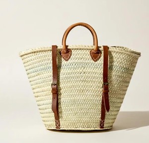 Sac à dos en paille marocain, sac fourre-tout en feuilles de palmier tissé à la main avec des lanières en cuir, sac fourre-tout en paille - Product Image 2