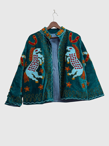Chaqueta de Terciopelo con Bordado Floral a Mano, Manga Larga, Cuello Mandarín, Talla Grande, Ropa de Primavera para Mujer - Product Image 1