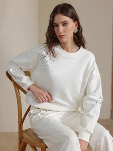 Sudadera transpirable suave y cálida con diamantes de imitación para mujer, Jersey de algodón polar, ropa de calle de gran tamaño, parche de angustia Vintage - Product Image 6