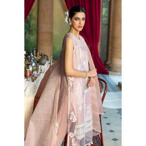 Ensemble 3 pièces élégant brodé en tissu Dobby avec imprimé floral, coupe trapèze, taille naturelle, et dupatta en tissu transparent brodé Zari - FE-52024 - Product Image 6