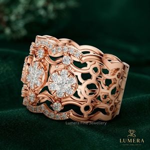 Wave Lattice Diamond Ring Elegant Multi <b>Row</b> Pave Flower Cluster Engagement Band Factory Round Fashion Ring - Product Image 5