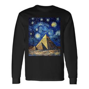 T-Shirt a Maniche Lunghe Notte Stellata Stile Van Gogh con Piramide Egizia, Maglietta Promozionale - Product Image 1