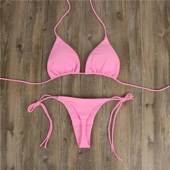 Sexy Women Thong Solid Color Bikini Set Side Halter Tie Swimsuit Ladies Split Strap Adjustable Swimwear Beachwear Quick Dry 2025