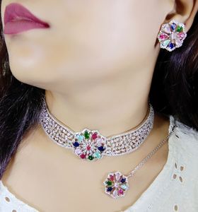 Conjunto de diseño de hoja de AD multicolor con pendiente a juego Conjunto de collar de AD Elegante para bodas Compromisos Aniversarios - Product Image 4