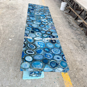 Comptoir en cristal d'agate bleue unique Pierre précieuse semi-précieuse naturelle Dalle de cuisine Meuble rétro-éclairé Table de salon de luxe - Product Image 4