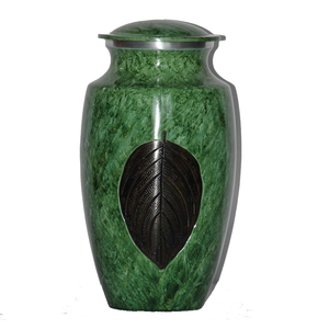 Urne funéraire moderne en aluminium pour adultes avec gravure sur feuilles en étain et marbre vert fini pour les funérailles et le stockage des cendres - Product Image 1