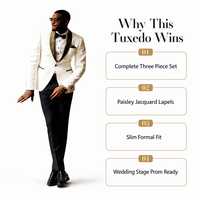 Tuxedo Putih untuk Pria dengan Kerah Peak Jacquard Paisley, Celana Pengantin, Dasi Kupu-kupu, Sapu Tangan Saku, Pesanan Grosir OEM ODM