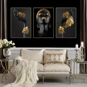 Magnifiques autocollants muraux Femme Africaine 3 pièces, Affiches sur toile Bijoux Dorés, Décoration en tissu pour la maison, chambre et salon, Sans cadre - Product Image 3