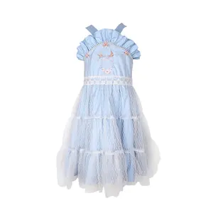 手刺Embroidery花カスタムカラー夏の女の赤ちゃんのための新しいデザインコットンドレスブルーノースリーブ-バイオレット1ドレス