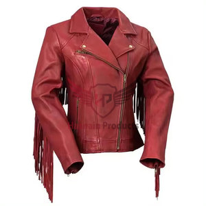 Chaqueta de cuero auténtico rojo oscuro para mujer con flecos en las mangas, borlas, piel de oveja, estilo vaquero occidental, abrigo de motociclista, ropa de abrigo personalizada para invierno - Product Image 5