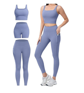 Ensemble de 3 pièces pour femmes : leggings taille haute avec poches, short cycliste gainant, soutien-gorge de sport pour le yoga - Product Image 3