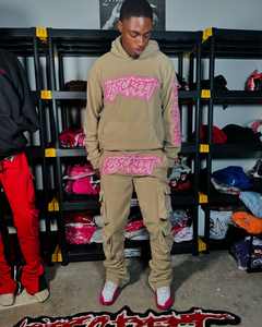 Trajes de chándal 2 piezas Trajes de jogging Zip up Puff Print Algodón Lavado ácido Chándal Cargo Flare Pantalones de chándal y Sudadera con capucha Jogger Set - Product Image 2