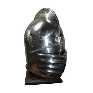 Metal Medieval Knight Crusader Helmet On Wooden Stand Holder For Table And Desk Decoration