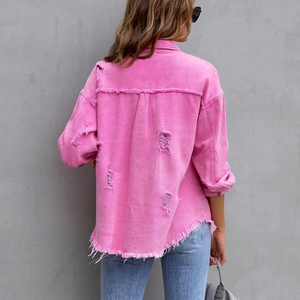เสื้อแจ็กเก็ตผ้ายีนส์ขาดติดกระดุมแขนยาวสำหรับผู้หญิง - Product Image 2