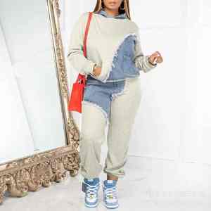 Women Two Piece Sets Tracksuit Autumn Jeans Splicing Hooded Top Sweatshirts Pocket Jogger Pants <b>Suit</b> Loose Female Office <b>Lady</b> - Product Image 4