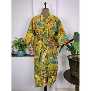 Kimono Boho-Hausmantel Aus Reiner Baumwolle Sommerkleid in Senfgelb Farida Khalo Fr Freizeit Und Tag Handblock-Indien - Product Image 3