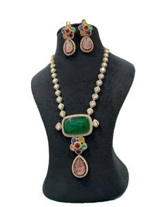 Diseñador de lujo mate chapado en oro latón bodas celebraciones fiestas joyería nupcial regalo Polki collar conjunto pendientes circón principal - Product Image 1