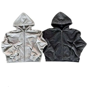 Sudadera con Capucha de Invierno de Alta Calidad, Lavada al Ácido, con Pedrería Brillante, Cierre de Cremallera, Logotipo Personalizado, Estilo Desgastado, Talla Grande, 100% Algodón, Vintage, para Hombre - Product Image 4