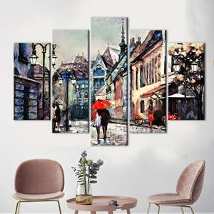 Lienzo Impreso: Arte de Paisaje Urbano con Amantes Bajo el Paraguas Rojo, 5P Mix: Gallery Wrap - Product Image 1