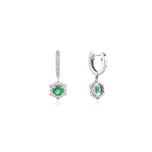 Boucles d'oreilles pendantes en or blanc véritable 14 carats avec émeraude zambienne ronde taillée et diamant, personnalisées en gros pour mariage - Product Image 5