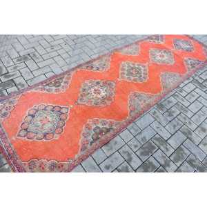 Turkish <b>Runner</b> Rug 3.1x10.2 ft, <b>Red</b> Blue Floral Rug Wool - Product Image 2