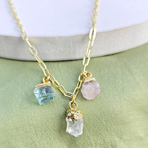 Trendy crystal jewelry natural raw stone aquamarine moonstone <b>rose</b> <b>quartz</b> charm <b>necklace</b> gold plated paperclip chain <b>necklace</b> - Product Image 1