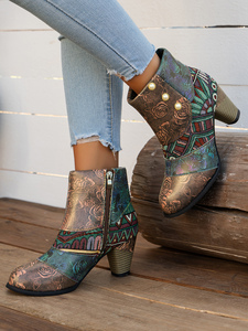 Bottines à talons hauts pour femme, style western, pour l'automne, avec fermeture éclair latérale, antidérapantes, design multi-imprimé - Product Image 3