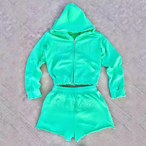 ชุดวอร์ม2ชิ้นสำหรับผู้หญิงชุดครอปแบบมีฮู้ดและกางเกงขาสั้นผ้าคอตตอนปัก Y2K - Product Image 5