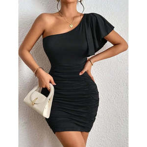 Vestido Mini Ajustado Asimétrico de un Solo Hombro con Fruncido para Mujer de Jane, Estilo Elegante en Tela Sandy para Fiestas Nocturnas - Product Image 4