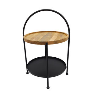 Table d'appoint ronde au design unique Table basse pliante en fer et bois à 2 niveaux noir mat pour chambre d'hôtel Art & Crafts - Product Image 2