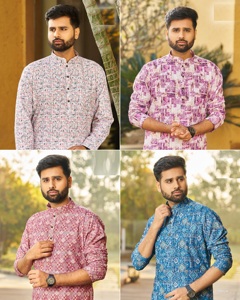Fourniture en gros de kurta pour hommes à imprimé ethnique avec manches complètes vêtements de festival indiens traditionnels disponibles en vrac - Product Image 6