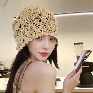 Customizable Retro Literary Pattern Satin <b>Bonnet</b> Hand-Knitted Spring Summer Bucket Hat Thin Cut Cotton Thread Casual Scene - Product Image 6