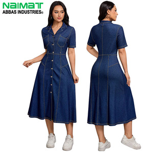 Robe midi en jean à manches courtes pour femmes, élégante, boutonnée, chemise en jean, coupe ajustée, col rabattu, style A - Product Image 4
