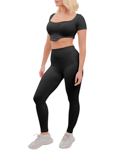 <b>Women</b> Ribbed High Waist <b>Leggings</b> <b>Crop</b> Top Seamless Stretch Tracksuit Gym Set Seamless in Stock Fitness Wear Breathable OEM - Product Image 2