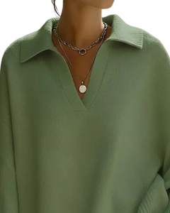 Suéter de Punto con Cuello en V Extra Grande para Mujer, Personalizado por el Fabricante, Verde, Holgado, de Manga Larga, Suave, Informal, para Invierno - Product Image 4
