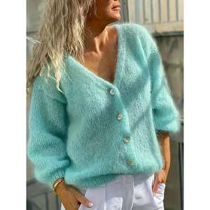 Cardigan long en tricot à manches courtes et col en V imprimé pour femme, pour le printemps et l'été - Product Image 4