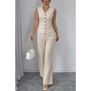 Ensemble deux pièces en lin pour femme, chemisier sans manches boutonné devant et pantalon, 36006 - Beige - Product Image 4