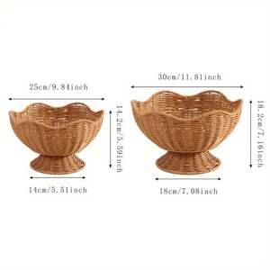 Ensemble de paniers à fruits en rotin tissé à la main |   Bol de service en osier avec base sur pied |   Plateau de rangement décoratif à bord festonné - Product Image 2